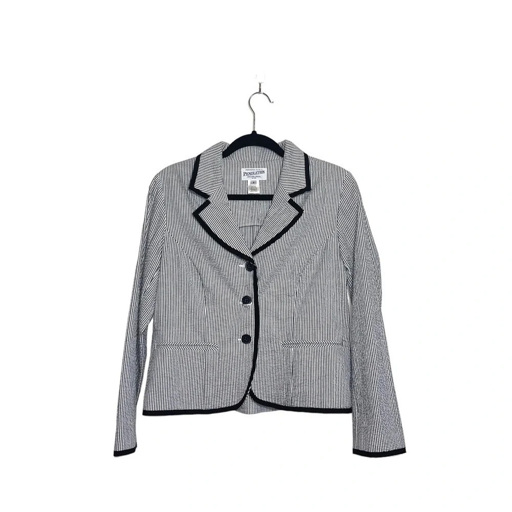 Pendleton Blazer White Black Striped Button 100% Cotton Small Petite Women’s